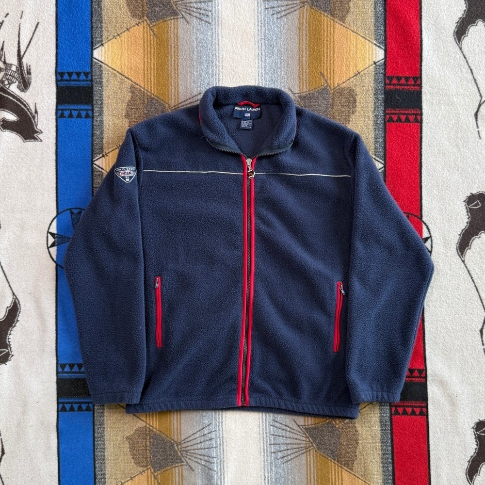 Vintage Polo Sport Ralph Lauren Fleece Jacket Navy Blue Red Full Zip Mens Medium